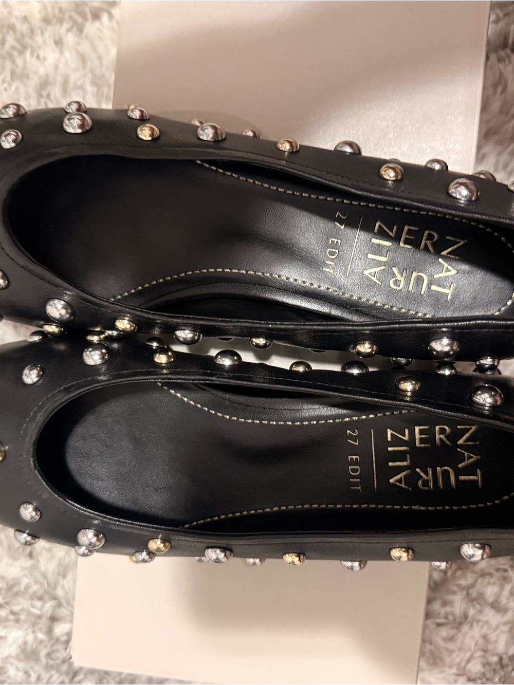 Naturalizer Black Leather Studded Ballet Flats with Mixed Metal Accents